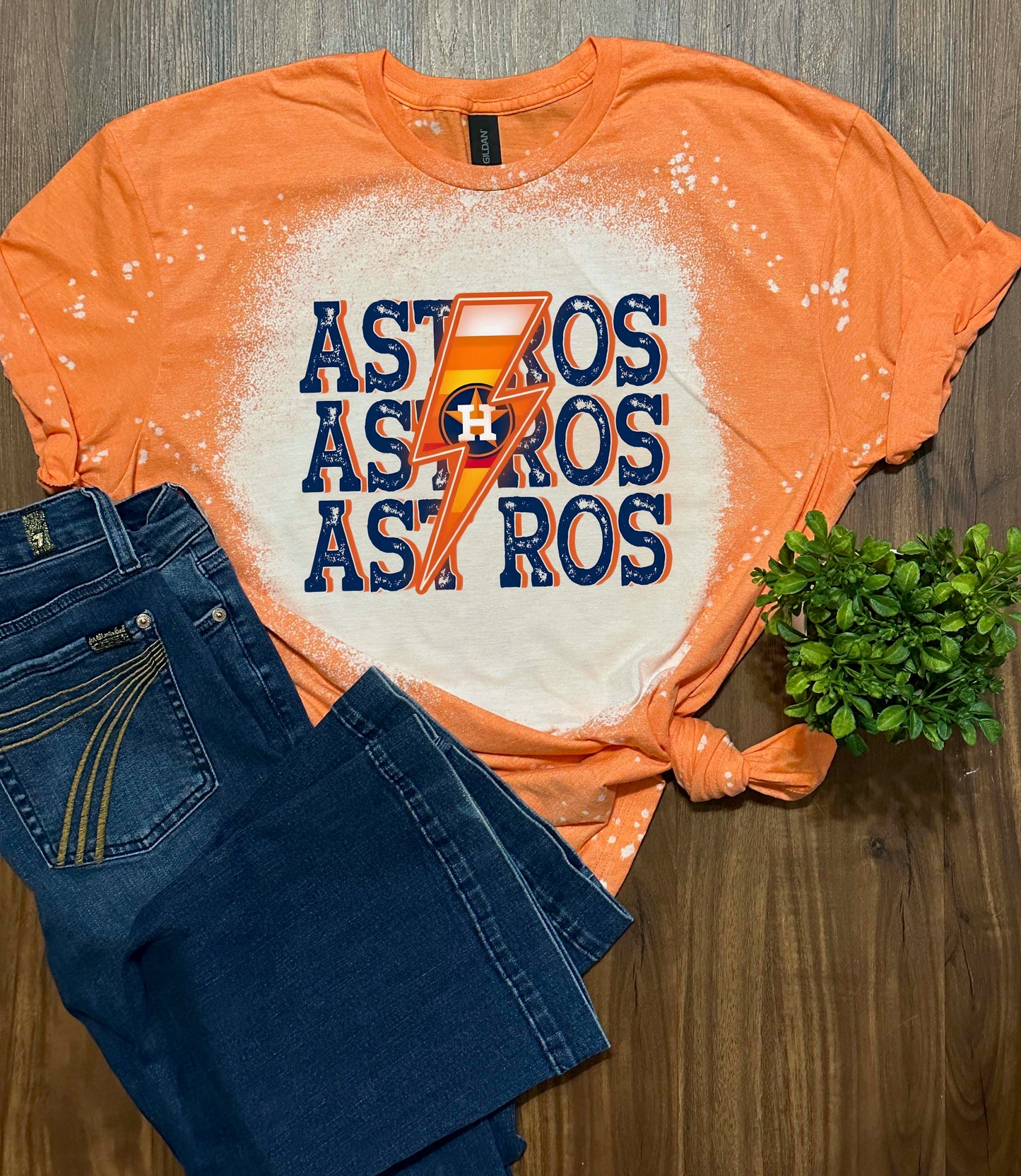 "Astros Lightning Bolt" Orange Bleached T-Shirt