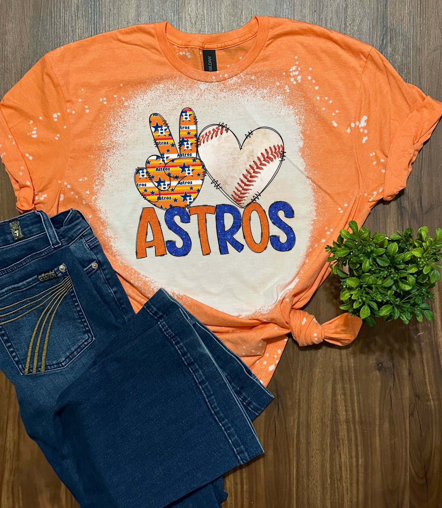 Peace, Love, Astros Orange Bleached T-Shirt